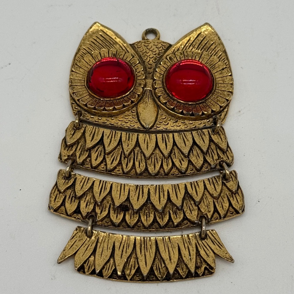 Vintage 1970s Articulated Owl Pendant Statement Gold Tone Red Cabochon Eyes 3.5"
